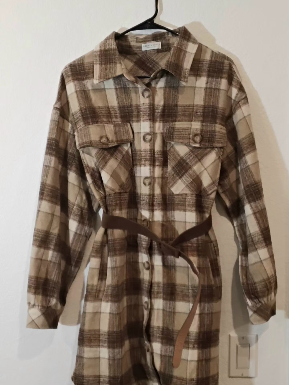 Paper Crane Brown Cream Plaid Tunic Dress With  Belt